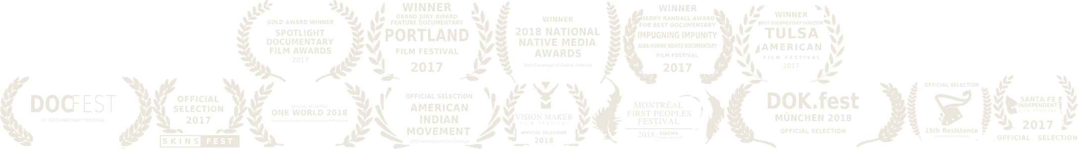 Fourteen festival awards and official selections, including Grand Jury Award at Portland Film Festival, Best Documentary Director at Tulsa American Film Festival and the Harry Randall Award at Impugning Impunity